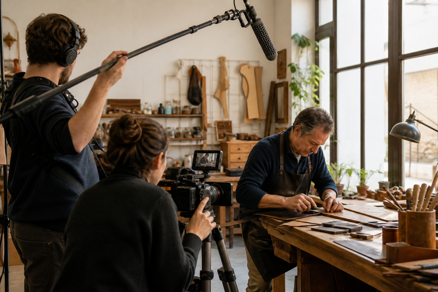 Petite équipe filmant un artisan